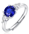 Adjustable 925 silver ring featuring a round blue stone and pear-shaped side accents - R10782 Lab Sapphire 6.5mm (With Certificate & Box) / Adjustable Open