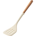 Espátula de cocina de silicona con mango de madera y orificios de drenaje blanco roto - Espátula ranurada blanco lechoso (con soporte)