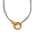 Minimalist double chain silver necklace with a golden circular ring pendant in high polish - Double Chain Ring Necklace - Two-tone