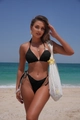 Close-up of black bikini with ribbed texture, side-tie strings and high-cut fit for women - S / Black