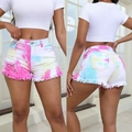 Women's denim shorts with vibrant pink, blue, and yellow tie-dye and raw fringe hem - 0XL / Pink