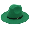 Detailed close-up of a vibrant green fedora with a black buckled strap on a white background - M (56-58cm) / Grass Green (Black Leather Band)