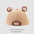 Beige corduroy beanie for kids with cute bear ears and embroidered bear detail - 50-52cm / Khaki