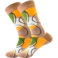 Detail of colorful knitted crew socks featuring abstract orange and green color blocks - Khaki Large Circles