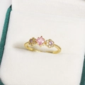 Gold-plated ring featuring square pink zircon and floral accents with purple centers - Square Pink Main Stone with Purple Flower Center Style (金色32)