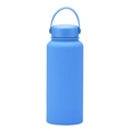 Blue 1L stainless steel vacuum sports bottle with textured finish and carry handle - Aqua Blue