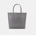 Dark grey hand-woven straw tote bag with square pattern and dual top handles - Large / Gray