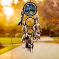 Wolf howling oil painting dreamcatcher wall hanging with natural brown feathers and beads - Wolf Cubs Multi-Ring (MS8040A)