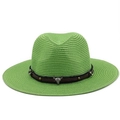 Green straw fedora hat featuring brown leather band with rivets and silver bull head - M (56-58cm) / Fruit Green