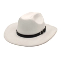 Macro detail of the white wool felt fedora featuring a black leather band and silver buckle - M (56-58cm) / White