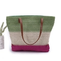Borsa tote in paglia intrecciata a righe verde beige e magenta con manici marroni - Larghezza 45cm Altezza 40cm / Verde