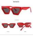 Detailed views of red irregular geometric sunglasses from front, side and 45-degree angles - Red Frame Dark Grey Lens