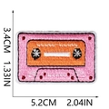Detailed view of pink and orange retro cassette tape embroidery patch with dimensions - Vintage Cassette (W20XN-085-15)