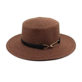 Brown flat top straw boater hat with black PU band and golden horsebit metal buckle - M (56-58cm) / Coffee