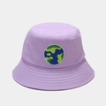 Detailed embroidery on light purple canvas bucket hat with earth-themed patch - M (56-58cm) / Light Purple