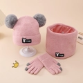 Detailed knit texture of pink winter set with cartoon rabbit label and pom-poms - Pink