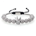Silver crown bracelet with micro-paved zircons and black braided cord for men - Silver Crown Style