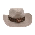 Western style taupe straw hat with heart buckle leather band and metallic studs - Gray