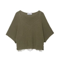 Olive green knit sweater with three-quarter sleeves and white lace hem detail - S / Olive Green