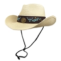 Detail of beige straw cowboy hat with turquoise bull embroidery and vintage metal badge - M (56-58cm) / Beige