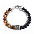Detail of tiger eye and black onyx beads with woven silver chain and T-bar clasp - Tiger Eye & Matte Black Agate (113402)