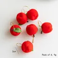 Set of 6 red flocked mini Christmas apple ornaments with gold string and green leaves - 3cm 6 Pcs