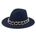 Detail of navy blue wool fedora featuring double-row faux pearl band and flat brim finish - Navy Blue Fedora with Pearl Chain