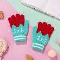 Winter knit gloves for kids featuring a red and mint green cat face jacquard pattern - One Size / Red & Fruit Green