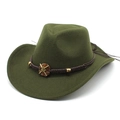 Close-up of olive green wool felt cowboy hat with braided cord and vintage floral ornament - Army Green
