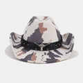 Detail of cow-print cowboy hat with leather band and metallic bull head ornament - M (56-58cm) / Cow Print Rivet Silver Bull Head Fedora (11#)