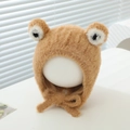 Detail of plush frog winter hat with ear flaps and cute eye decor for toddlers - 1-2 years old / Khaki