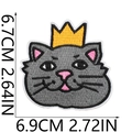 Detailed embroidery patch of a grey cat wearing a golden crown with size measurements - No. 47 (Grey Cat with Crown)