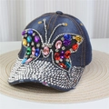 Denim baseball cap with colorful rhinestone butterfly and sparkling crystals on the brim - No.11/Dark Blue Denim/Gemstone Butterfly B