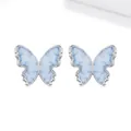 925 Sterling Silver butterfly stud earrings with light blue enamel wings on white background - Light Blue Butterfly Stud Earrings (SCE1823)
