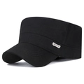 Classic black cotton canvas flat top military cap with silver Sport metal badge decoration - Adjustable / Black