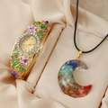 Vintage floral cloisonne watch with colorful stones and crescent moon pendant necklace set - Crushed Stone Moon Pendant Set (Purple)