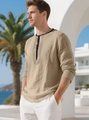 Camicia Henley beige da uomo in lino con maniche lunghe e bottoni in legno in esterno - S / Cachi