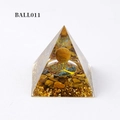 Tiger Eye Crystal Orgone Pyramid with Tree of Life and golden foil base, model BALL011 - Ball011