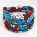 Elastic bohemian wide headband with red floral print on soft cotton fabric - 73
