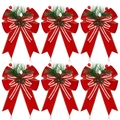 Set of six red Christmas bows with pine needles, cones and red-white striped ribbon - 1 Piece / White Edged Red Velvet