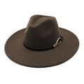 Close-up of dark brown wool fedora hat featuring a black leather band and gold metal buckle - M (56-58cm) / Brown