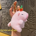 Pink plush capybara keychain with orange head decor and rotating tail feature - Pull String Orange Capybara Pink