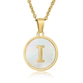 18K gold plated necklace with circular shell pendant and metallic letter I charm - White Mother of Pearl Letter I
