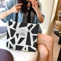 Canvas tote bag with black geometric patterns and cute bear cartoon for daily use - Good Dream Bear-Black
