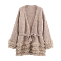 Gilet long en maille pour femme avec ceinture et bordures en fausse fourrure camel - S / Camel