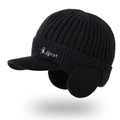 Black knit winter baseball cap with visor, ear flaps and sport embroidery detail - Black