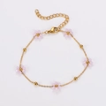 Vintage style gold beaded bracelet with small pink flower pendants and lobster clasp - Light Pink-Bracelet