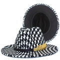 Classic houndstooth felt fedora hat with black band and gold leaf buckle accent - One Size / Black and White Houndstooth (1#)