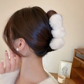 Winter fluffy faux rabbit fur hair claw clip featuring three white plush balls for women - White