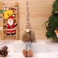 Christmas gnome doll with brown knit hat and striped long legs on white wood block - Coffee Knitted Long Legs / Brown
